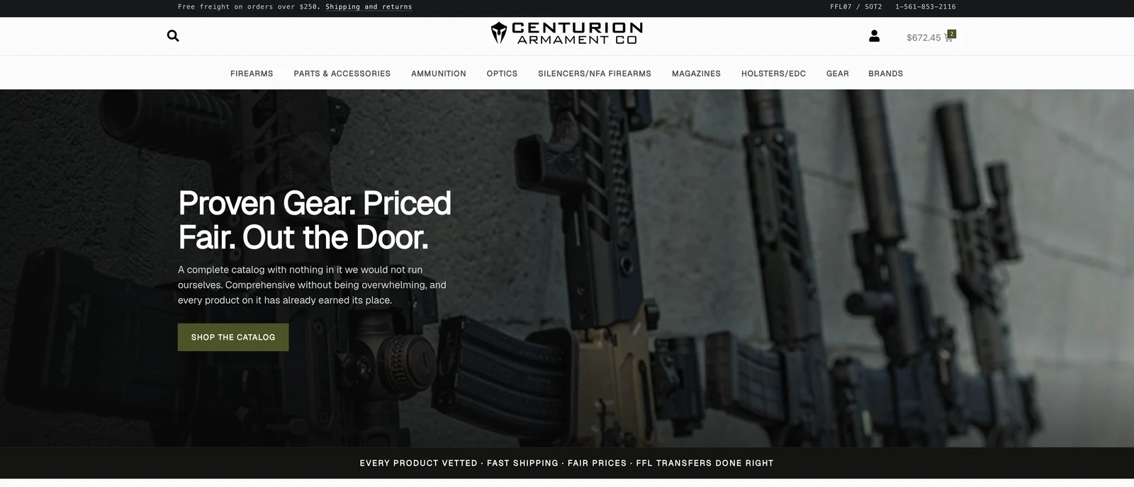 The Centurion Armament Co homepage, showing a dark storefront hero with product photography and catalog navigation.